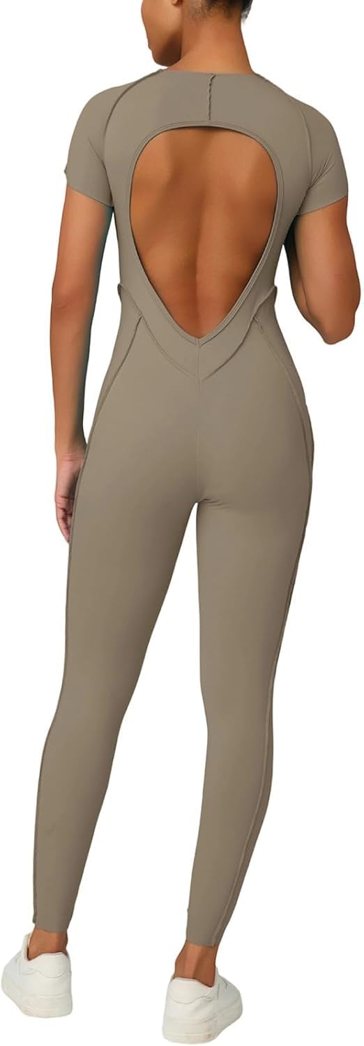 Tuta Intera da Donna Slim Fit Senza Schienale - Body Imbottito A Maniche Corte per Palestra, Yoga E Serate Fuori - Tuta Sagomata con Cuciture per Uno Stile di Vita Attivo White Small