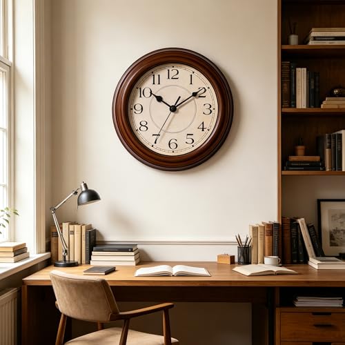 Image of KECYET Wall Clock, 9 Inch Silent Battery Operated Non-Ticking Wall Clock Classic Decorative for Living Room, Kitchen,Office, Bedrooms(Brown)