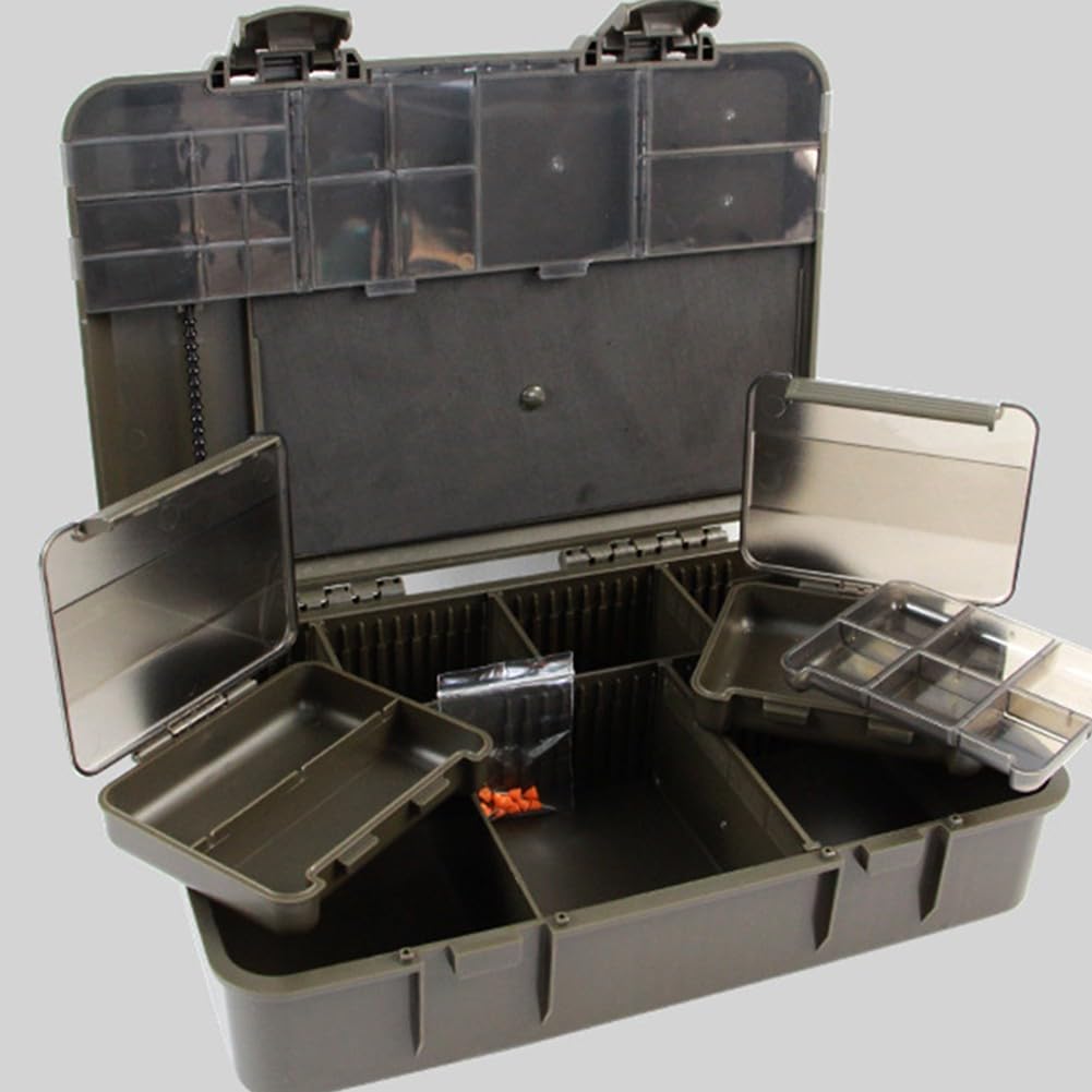 Sistema de caja de almacenamiento de pesca de carpa, kit de caja de aparejos 2+1 con para escala premarcada, múltiples compartimentos y deflectores para accesorios de aparejo
