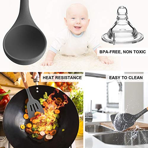 Mibote 17 Pcs Silicone Cooking Kitchen Utensils Set with Holder, Wooden Handles BPA Free Non Toxic Silicone Turner Tongs Spatula Spoon Kitchen Gadgets Utensil Set for Nonstick Cookware (Grey)