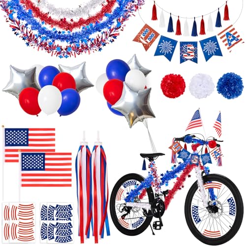 80UncleKimby 29Pcs 4th of July Bike Decorations for Kids: Patriotic Parade Streamers, Flags, Tinsel Garland, Etc - Red White Blue Bicycle Decor Party Favors