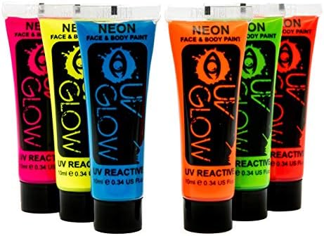 UV Glow Neon Face and Body Paint - Fluorescent - Brightest glow under UV! (10ml (Pack of 6))