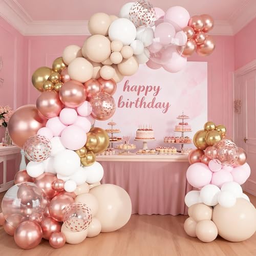 Arche de ballons rose et doré pastel pour décoration d'anniversaire et mariage