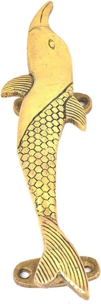 Purpledip Brass Handle: Fish Shape Vintage Design Grip for Door Window Dresser Cupboard Drawer, 12 Inches Long, Golden (11024B)