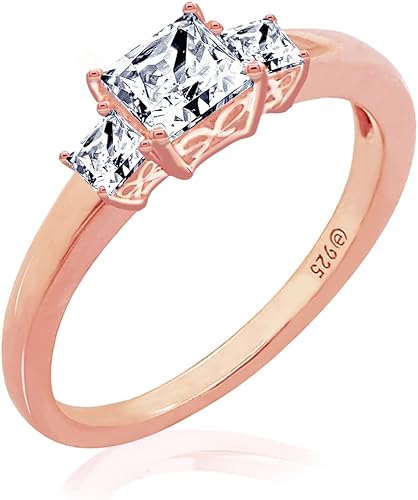 Miniatura 5 de Tienda Essentials Anillo de plata de ley chapada en platino o oro con 3 piedras de corte princesa hecho con circonitas Infinite Elements