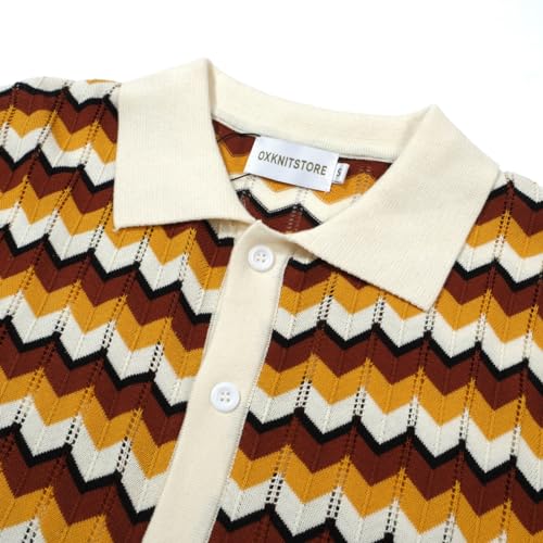 OXKNIT Men Knit Polo Shirts Short Sleeve 1960s Mod Style Vintage Polo Shirt Retro Poloshirt with Yellow Brown Wave3