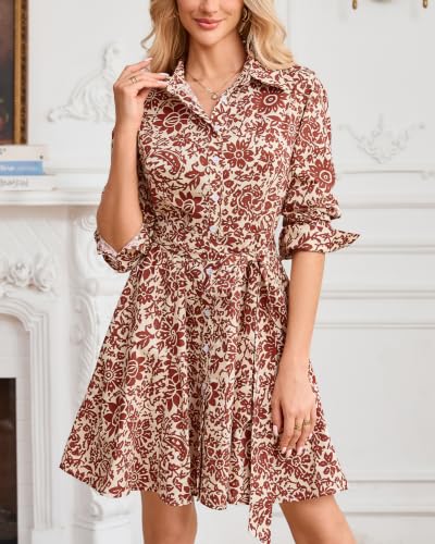 Image of Women's Printed Button Down Shirt Dress Long Sleeve Belted Mini Dress