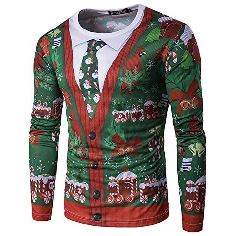 STTLZMC Men's Christmas Print Long Sleeve Round Neck Pullover Sweatshirt T-Shirt Cover