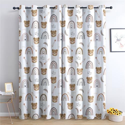 Rideau Occultant Enfants - Rideau Thermique Motif Ours Arc en Ciel, Rideaux Chambre Salon Fenetre, Lot de 2 Rideaux et Draperies Intérieurs à Oeillets,...