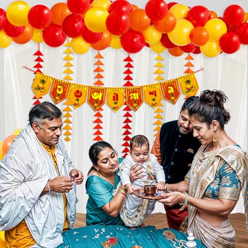 Image of Party Propz Baby Annaprashan Decoration Items Bengali - 47Pcs Annaprasana Decoration Backdrop Balloons with Annaprashan Banner, White Net Curtain and Triangle Hanging, Rice Ceremony Decorations Items