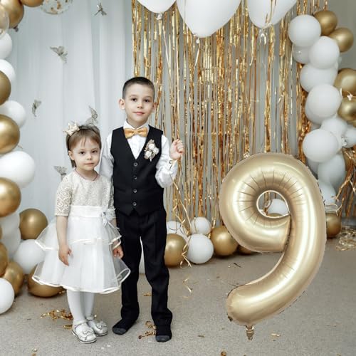 Image of Light Gold Purple Number 9 Balloon, 40 Inch Metallic Gold Foil Number Balloons Set 0-9 for Boys Men, Globos de Numero 9 Helium Balloon for 9th Age Girls Birthday Anniversary Party Decorations Supplies