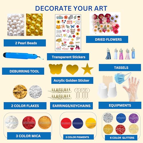 Image of exploralearn 165 Pcs Ultimate Resin Art Kit with 300g Epoxy Resin - DIY Alphabet, Jewelry, Keychains, Coasters & Bookmarks - Includes Deburring Tool, Dried Flowers, Stickers, Pigments & More