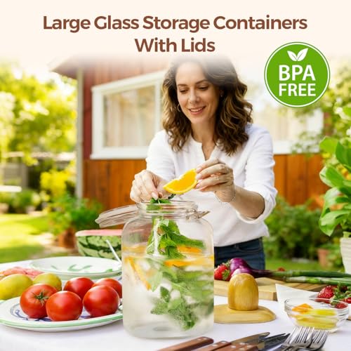 Image of ComSaf Square Glass Jars with Airtight Lid 1.3 Gallon 2 Pack Large Canister | Flour sugar rice, Kombucha pickling, Pantry organization, Bulk storage, Pickling fermenting, Cabinet organization, Snacks