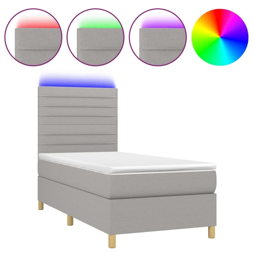 Strapazierfähiger Stoff mit verstellbarem Kopfteil LED Beleuchtung | Boxspringbett mit Matratze und LED 100x200 cm Hellgrau Stoff Bett mit Bettkasten Kopfteil verstellbar Taschenfederkern Topper