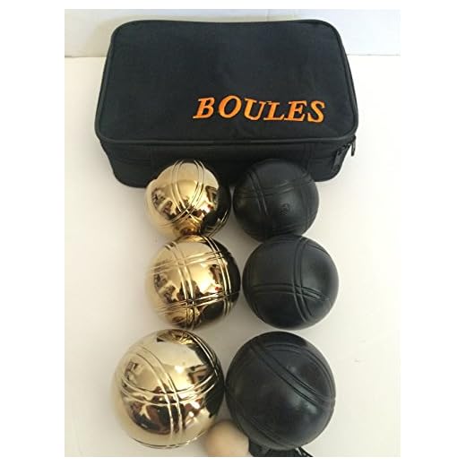 BuyBocceBalls Listing - Unique 6 Ball 73mm Metal Bocce/Petanque Set with 3 Black Balls and 3 Gold Balls