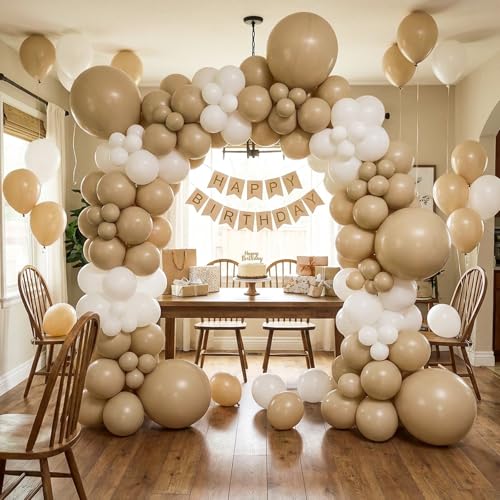 Image of RUBFAC 135pcs Vanilla Brown Balloons, Latex Light Brown Balloon Different Sizes 18 12 10 5 Inch for Garland Arch Wedding Baby Shower Birthday Party Decorations