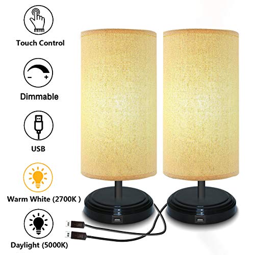 USB Lámpara de Mesa con Sensor Táctil,BRTLX LED Lámpara Mesita de Noche con Puerto de Carga USB para Dormitorio,Estudio,Habitación de Bebé y Cafetería Pack de 2 Unidades(4 Bombillas LED 6W Incluidas)