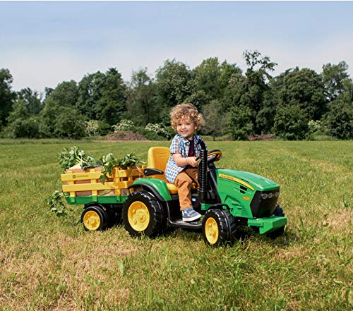 PEG John Deere Ground Force Tracteur Électrique pour Enfants 3+ Ans avec Batterie Rechargeable 12V, Remorque Incluse et Radio FM