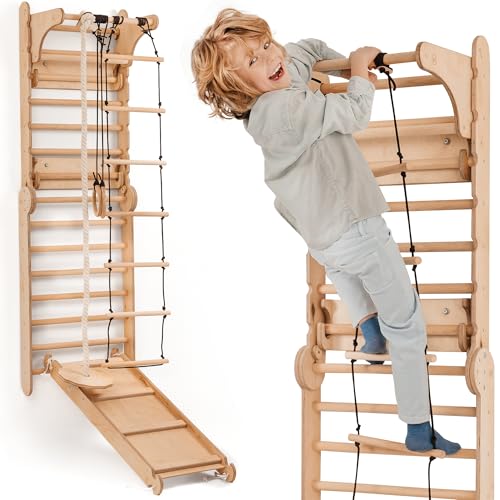 Escalera Sueca Gimnasio Infantil de Interior - Juego Montessori Gimnasio de Escalada - Parque Infantil de Madera de Interior Juguetes de Escalada para Niños de 2 a 12 años