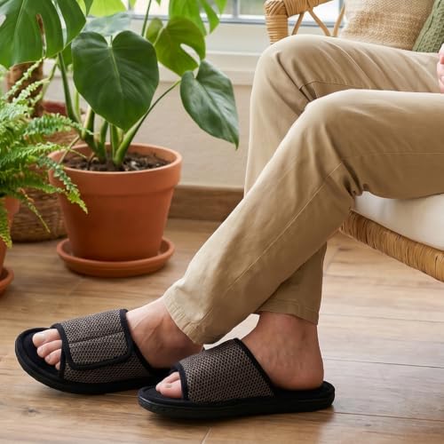 Image of Men's Adjustable House Slippers, Mesh Open Toe Breathable Indoor Slip on | Upgrade Memory Foam, Breathable Mesh Upper, Machine Washable, Moisture-Wicking Lining