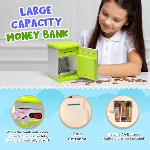 Image of Piggy Bank Toy for Kids and Adults - Gullak Money Safe with Number Password and Touch Sensor - Money Saving Mini ATM Toy with Lights and Sound (Green -White)