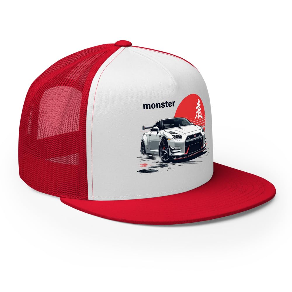 Weiße R35 GTR Monster Trucker Cap - Japanischer Sportwagen Racing Mesh Back Snapback Hat