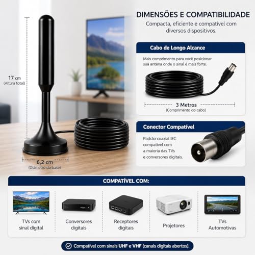 Antena TV Digital Amplificada Interna e Externa HDTV UHF VHF, Base Magnética com Super Ímã, Cabo de Longo Alcance, Compatível