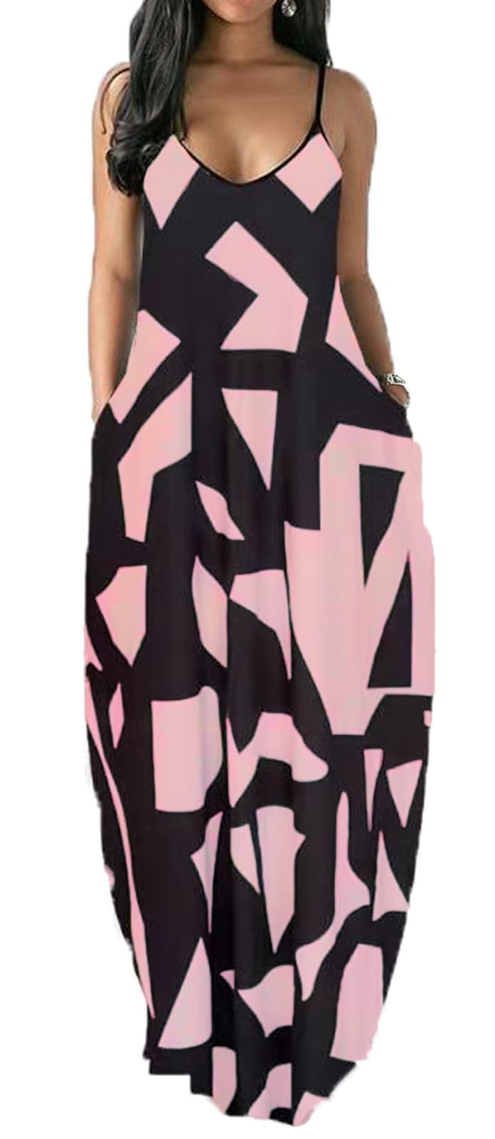 zimzinziuWomen's Casual Loose Long Floor Length V-Neck Adjustable Spaghetti Strap Sleeveless with Pockets