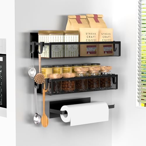 Averrex Magnetic Spice Rack and Kitchen Paper Holder for Fridge 2 Pack Strong Shelf with 1 Towel Holder No Driling Kitchen Storage Rack Metal Spice Organiser Moveable Shelves for Home Kitchen