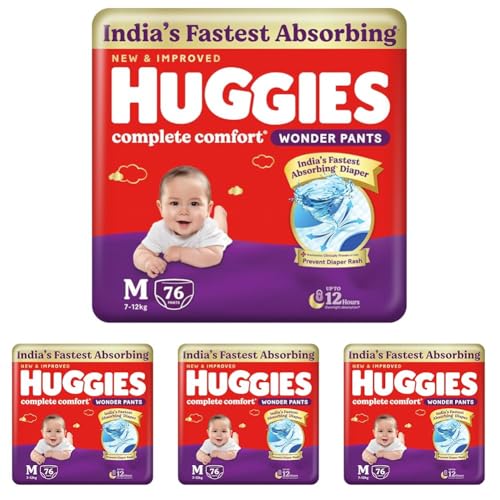Image of Huggies Complete Comfort Wonder Pants | Pant Style Baby Diapers Medium Size (M), 76 Count | India's Fastest Absorbing Diaper, Prevents Diaper Rash, Ideal for 7 to 12 Kgs (Pack of 4)