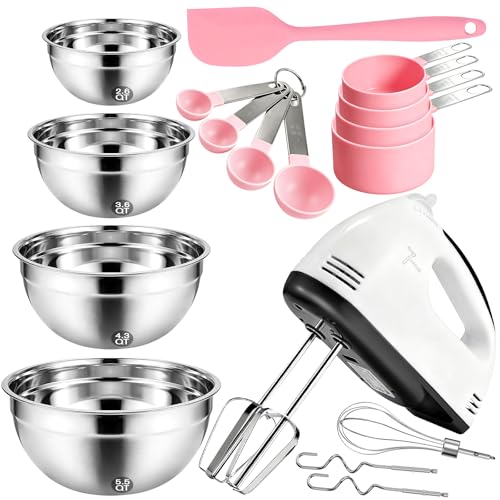 Showvigor Batidora de mano eléctrica con juego de cuencos de acero inoxidable – Mezclador de mano Turbo-Boost de 7 velocidades con cuencos grandes para mezclar, tazas medidoras, cucharas y espátula