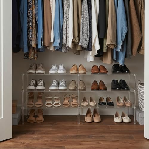 Image of 3-Tier Acrylic Shoe Shelf, Clear Acrylic Organizer, 42.5 inch L x 11.8 inch W, Each Tier Holds up to 6 Pairs of Heels, Sneakers, Flats, Ideal for Closet, Entryway, Bedroom, Easy Assembly
