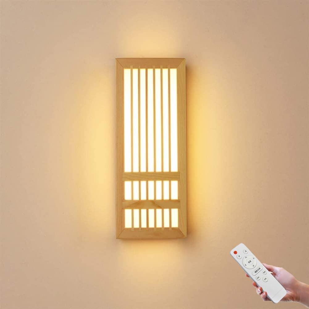 LOGT Dimmable LED Wall Light with Remote Control, Wooden Wall Lamp, Japanese Style, Indoor Wall Lighting, 3 Brightness Levels, Modern Acrylic Decorative Bedside Lamp for Hallways, Balconies,30CM
