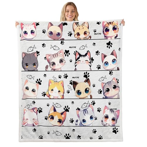 Castle Fairy Kawaii Cute Cat Fleece Blanket,Cat Kitten Kitty Pet White Bed Blanket for Kids Teens,Cartoon Animals Flannel Blankets for Room Decor,Queen 90