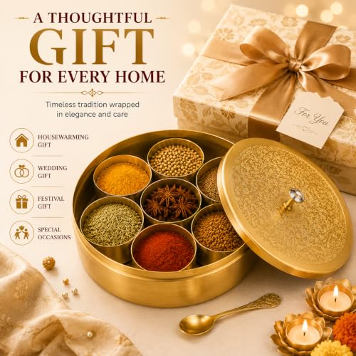 Image of Decorative Brass Spice Box with Floral Lid & Spoon | Handcrafted Round Masala Dabba with 7 Containers | Traditional Brass Masala Box for Kitchen | Masala Dani for Kitchen Stylish