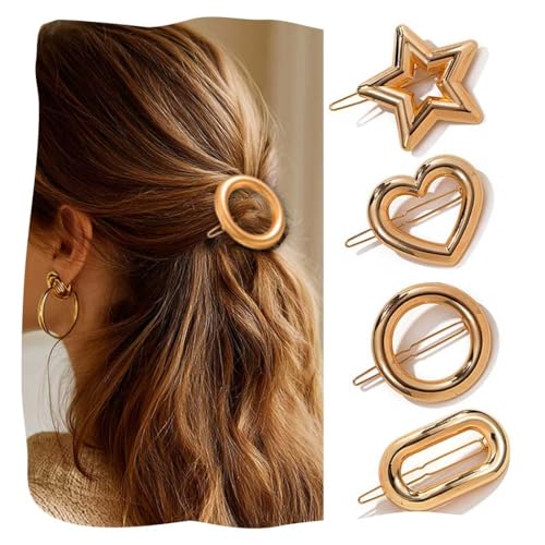 JONKY 4 piezas Pinzas de Pelo Metálicas Geométricas Doradas en Formas Redonda, Estrella, Corazón y Ovaladas para Mujeres (1-Dorado) miniatura 1