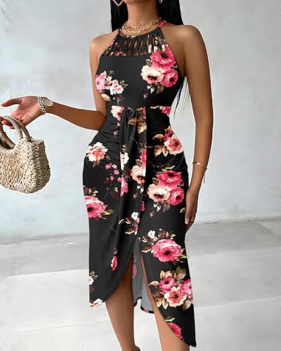 Image of CHICME Womens Halter Floral Print Bodycon Midi Dress