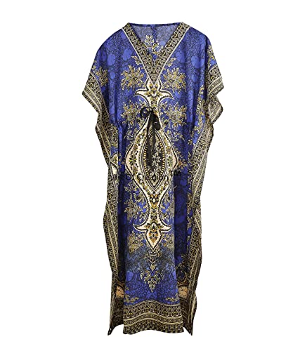 Art Of Creation Women Kaftan Dress Long Night Gown Maxi Plus Size Polyester Printed Caftan Beach Cover Up Casual Kimono Tunic Nightdress Gown (Blue)