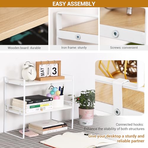 Image of Desk Shelf Organizer for Top of Desk, Detachable 2 Tier Desktop Bookshelf, Wooden Desk Shelves Storage Rack, Small Desktop Shelf for Office Home Dorm, Tabletop Desk Organizer Stand (White+White)