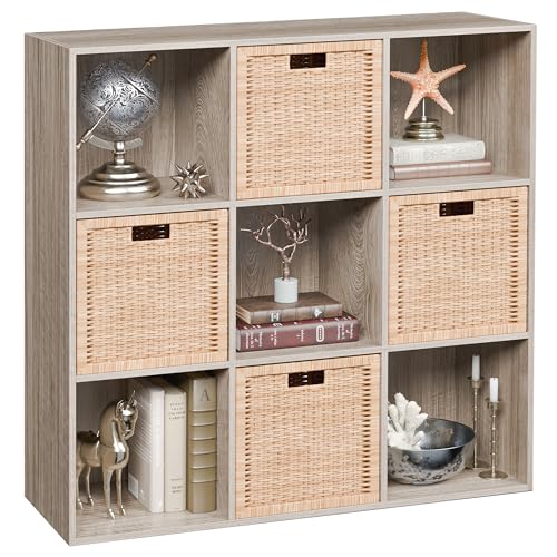 Image of JupiterForce 9 Cubes Bookcases Storage Organizer, 3-Tier Wooden Open Bookshelf Cabinets with Removable Back Panels for Home, Office, Living Room(Natural)