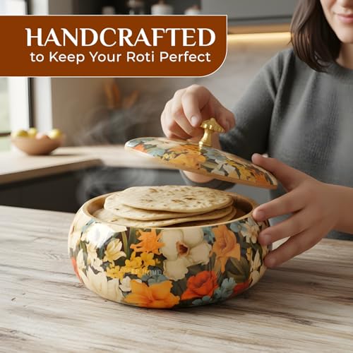 Image of Handcrafted Premium Wooden Roti Casserole - 9 x 9 x 4 Inches | Hot Roti Case & Chapati Box For Kitchen & Dining | Chapati Serving Hotbox Serveware With Gold Embossed Knob