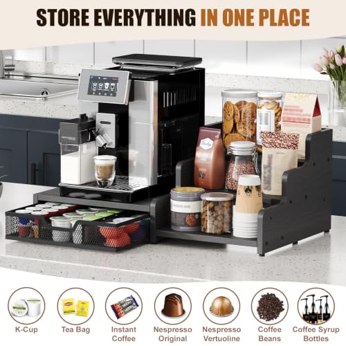 Image of Coffee Station Organizer with K Cup Holder, 28 Pod Capacity,3-Tier Syrup Rack with Coffee Pod Holder Drawer, Coffee Bar organizer Countertop for Accessories,Black
