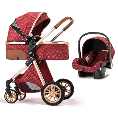 Image of 3 in 1 Baby Travel System Infant Baby Stroller Pushchair High Landscape Reversible Foldable Portable Stroller Newborn Pram Reclining Baby Carriage (Red)