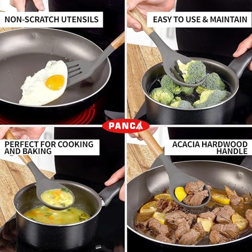 Image of PANCA Non-Stick Silicone Spatula & Spoon Set (5 Pcs) | Heat Resistant Cooking Utensil Set with Wooden Handle | BPA Free Kitchen Tools for Non-Stick Cookware, Mixing, Serving & Cooking (Grey)