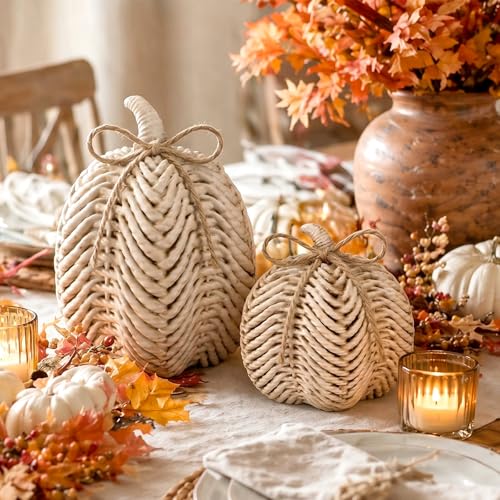 Wenqik Fall Pumpkin Decor Set of 2 Resin Thanksgiving Fake Pumpkin Figurines Imitation Rattan White Decorative Pumpkins Farmhouse Centerpiece for Autumn Thanksgiving Harvest Tabletop and Home Decor