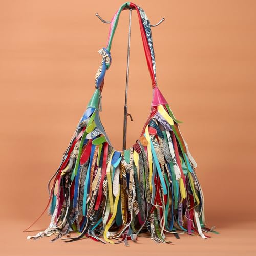 Women Multicolour Handbag Sheepskin Patchwork Shoulder Bag Colorful Tassel Purse4