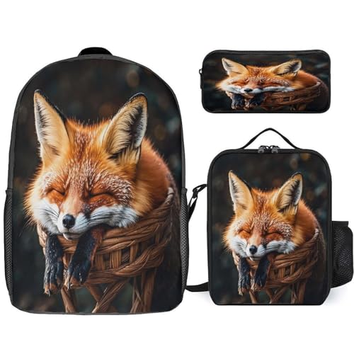 Printed Backpack With Lunch Pack Storage Box Case Funny Fox Creature Sleeping 3pcs Lightweight Travel Backpack