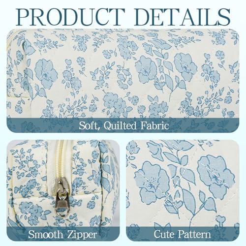 Quilted Makeup Brush Bag, Travel Cosmetic Organizer Pouch for Brushes & Essentials, Small Cotton Floral Makeup Bag for Women Girls4