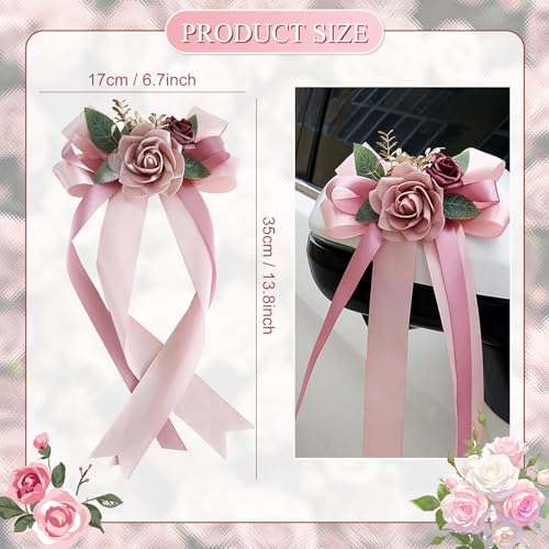 Image of 4PCS Wedding Car Door Handle Decorative Flowers, White Artificial Cars Bouquet Flower Bowknot Ribbon Decor, Just Married Automotive Decorations Accessories for Door Handles( Two Flower Pink)