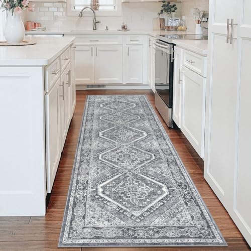 KUTA 3x8 Grey Oriental Area Rug for Living Room, Vintage Washable Kitchen Rugs Non Slip, Ultra Soft Printed Distressed Eastern Medallion Entry Runners Low-Pile Throw Carpet for Bedroom Decor